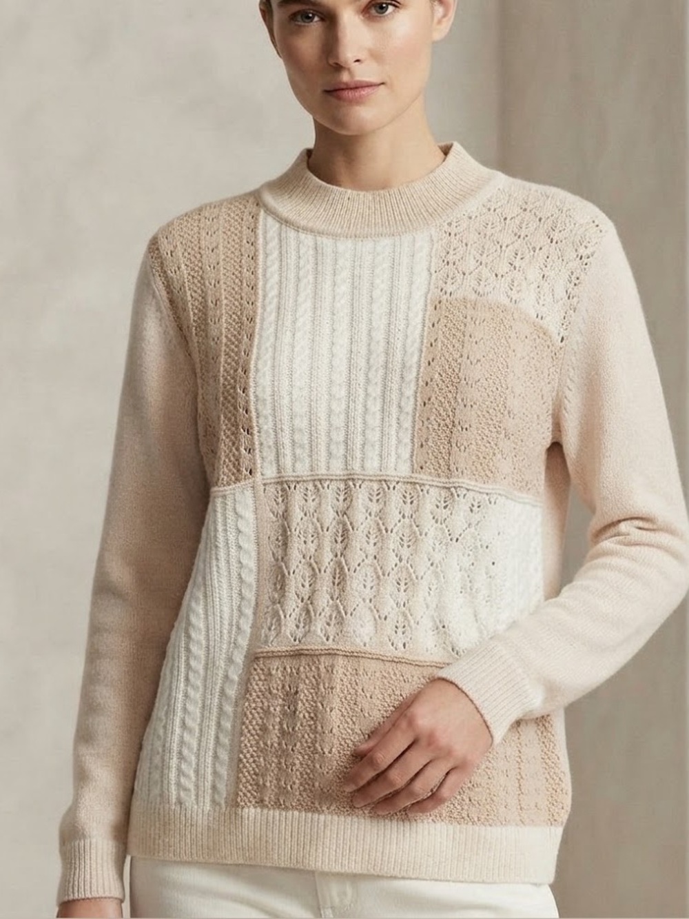 Alfred Dunner Patchwork Knit Sweater - Cream and Brown